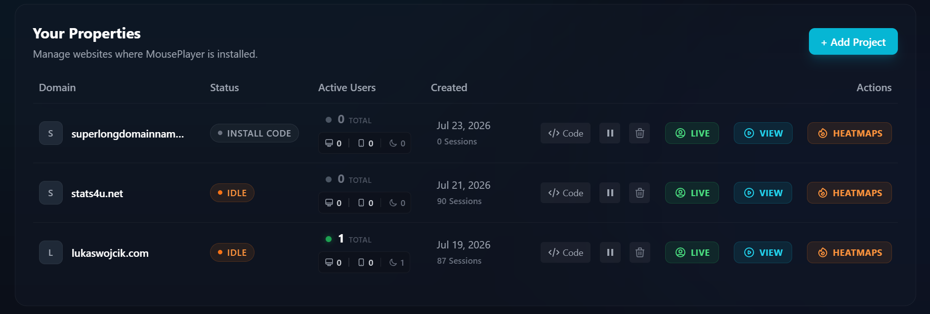 MousePlayer Dashboard mit Code-Button